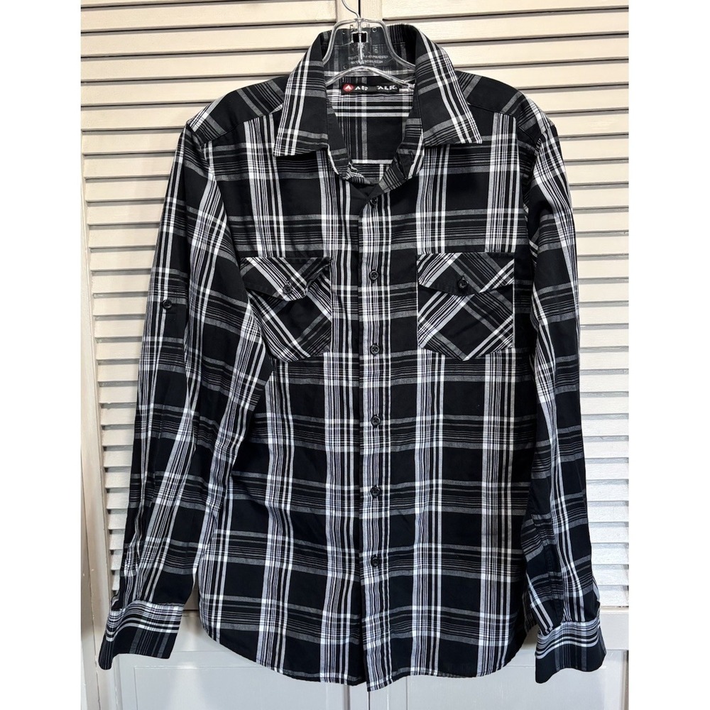 Air Walk Plaid White/Black Long Sleeve Button Up Shirt Size Large Pockets‎